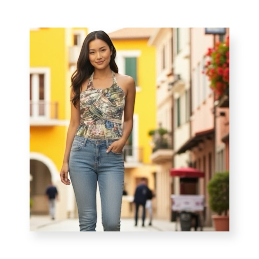 new Boho Chic ❤︎ Romantic Artsy Floral Print Draped Halter Top ❤︎ Pin Up Chic L - Picture 15 of 16